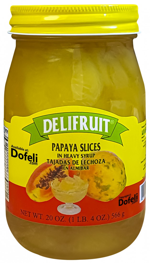 Delifruit Dominican papaya slices, cooked in syrup with bright color and soft texture for desserts.